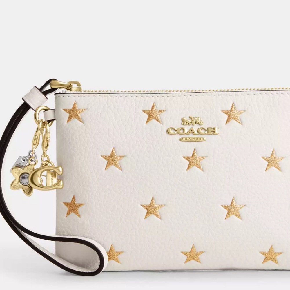 Authentic COACH Leather glitter stars wristlet and 2 charms set in box 🎁